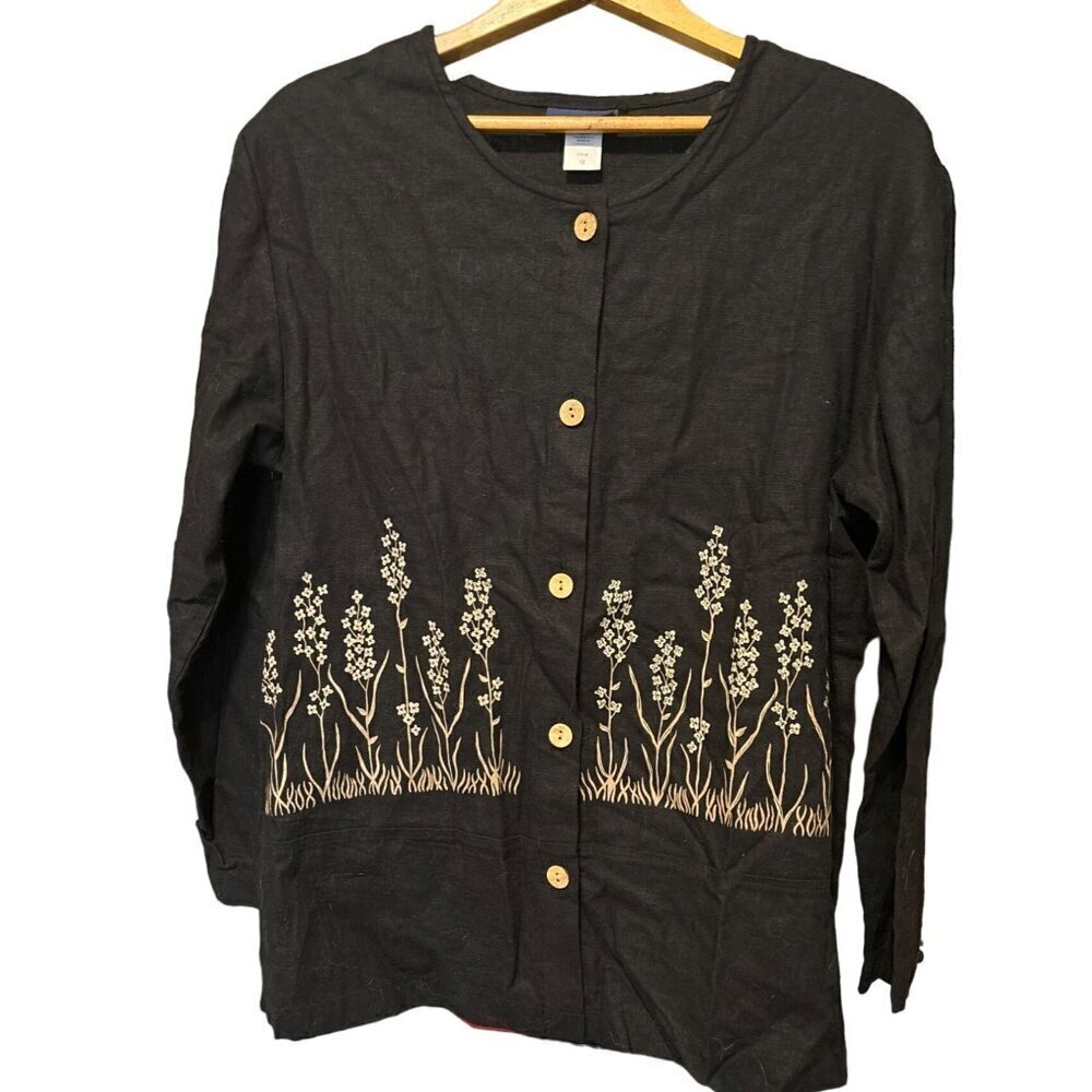 Vintage Susan Gail Women's Size 12 Black Floral L/S Linen Blend Tunic Shirt